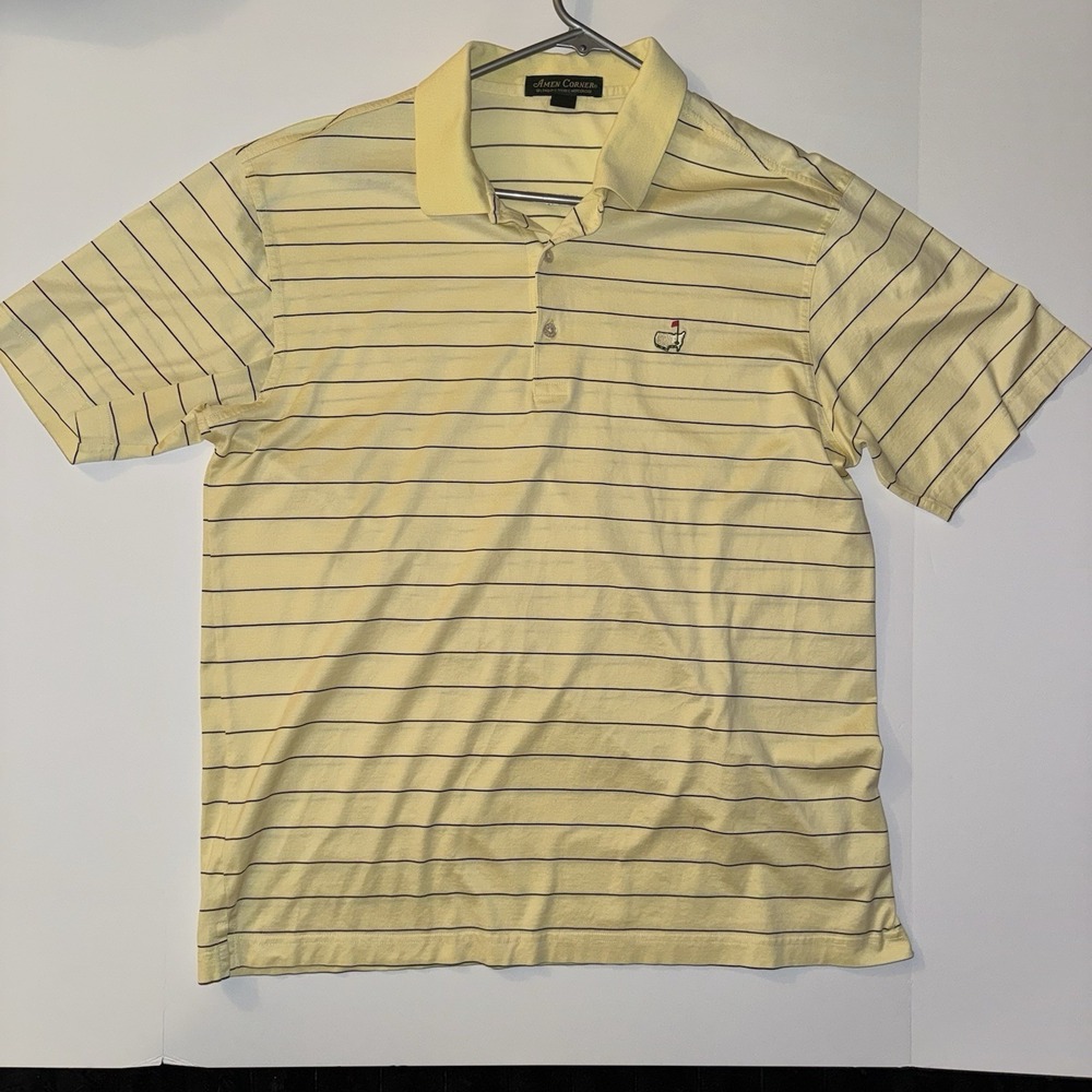 Men's Large Master's Amen Corner Men's Yellow Navy Striped Golf Polo Shirt Logo